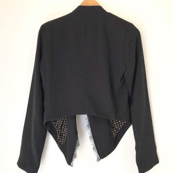 Anthro Elevenses Black Eyelash Lace & Faux Leather Trim Draped Blazer Jacket - Picture 8 of 11